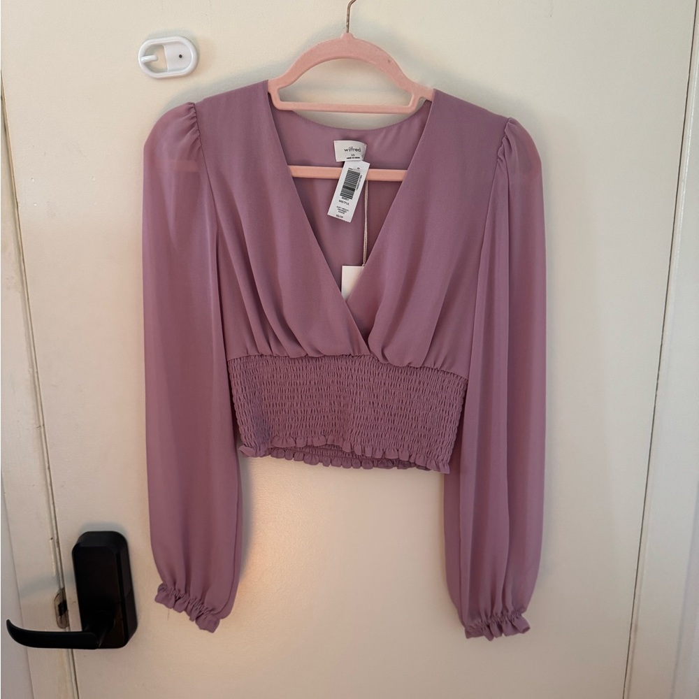 Wilfred Pink Smocked Crop Blouse with Long Sleeves
